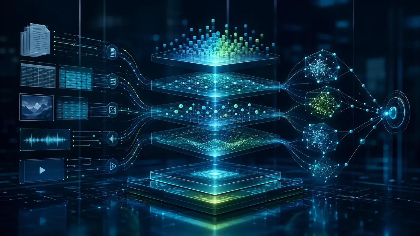 Abstract AI infrastructure lattice with GPU compute blocks and flowing data streams